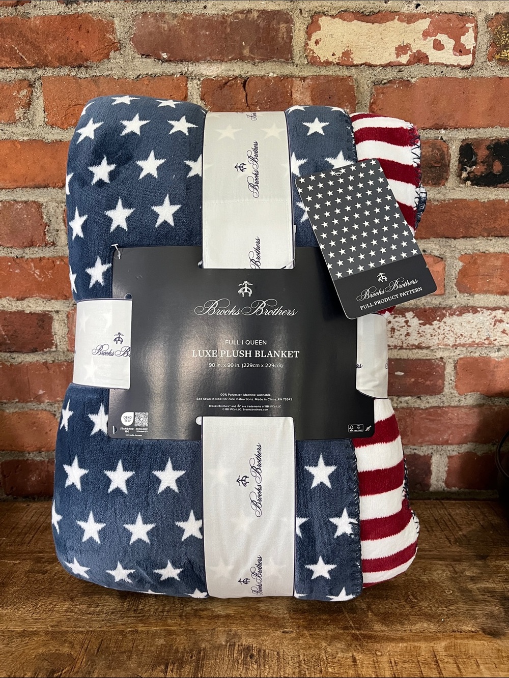 Brooks Brothers Blue, White & Red Star Plush Throw Blanket